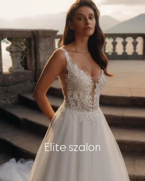 2601 Illúzió tüll felsős, csipkés–gyöngyös keringőruha látványos tüllszoknyával