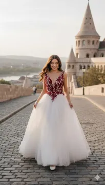 Bíbor menyasszonyi ruha – Bordó gyöngyös csipkével és 3D virágokkal díszített tüllruha