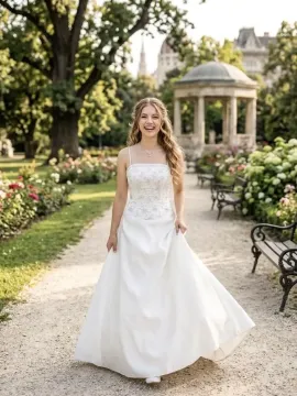 8313 törtfehér keringőruha – Platina hímzéses, kristályos szatén A‑vonalú ruha