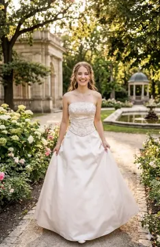 Anna alkalmi ruha – Pezsgő színű A‑vonalú szatén ruha gyöngyös és zsinóros díszítéssel