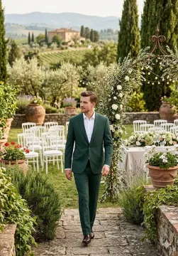 Sötétzöld slim fit vőlegény öltöny fazonos gallérral és kétgombos zakóval
